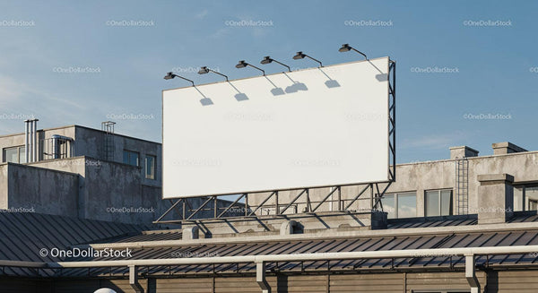 Empty billboard on rooftop under clear blue sky JPG Mockup Image