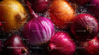 Red, Yellow, and Purple Onions with Water Droplets in Close-up