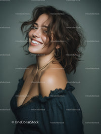 Joyful Woman with Wavy Hair Wearing Off-Shoulder Top