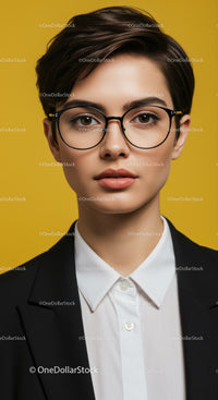 Confident Young Woman in Black Business Suit and Glasses on Yellow Background