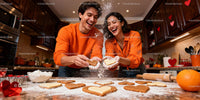 Happy couple baking heart shaped cookies together