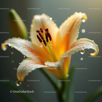 Close-Up of Orange and White Lily Flower with Dew Drops