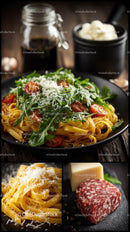 Fresh Pasta with Cherry Tomatoes and Arugula on a Rustic Table