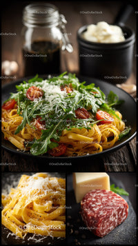Fresh Pasta with Cherry Tomatoes and Arugula on a Rustic Table