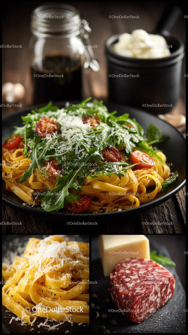 Fresh Pasta with Cherry Tomatoes and Arugula on a Rustic Table