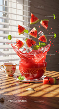 Refreshing Watermelon Juice Splash with Ice and Mint Leaves