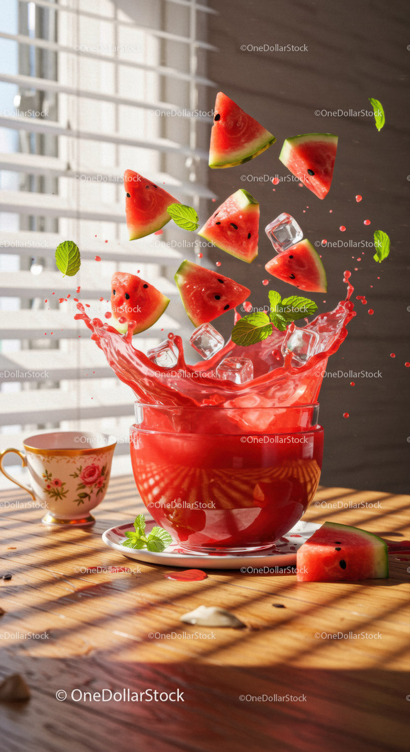 Refreshing Watermelon Juice Splash with Ice and Mint Leaves