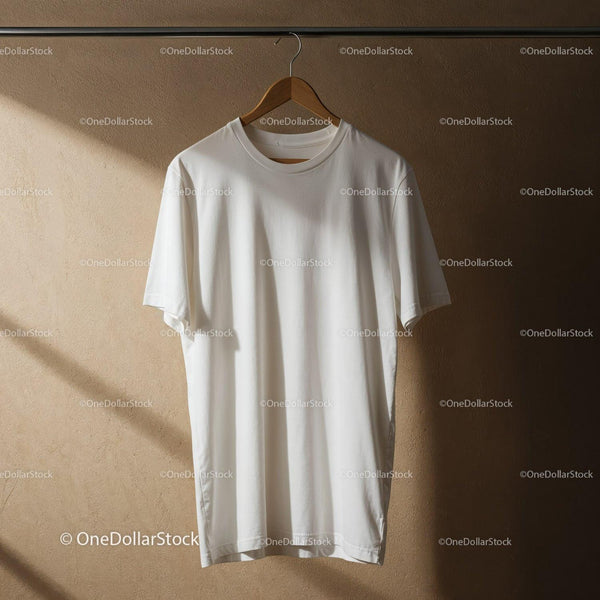 Minimalist White T Shirt Hanging on Wooden Hanger JPG Mockup Image