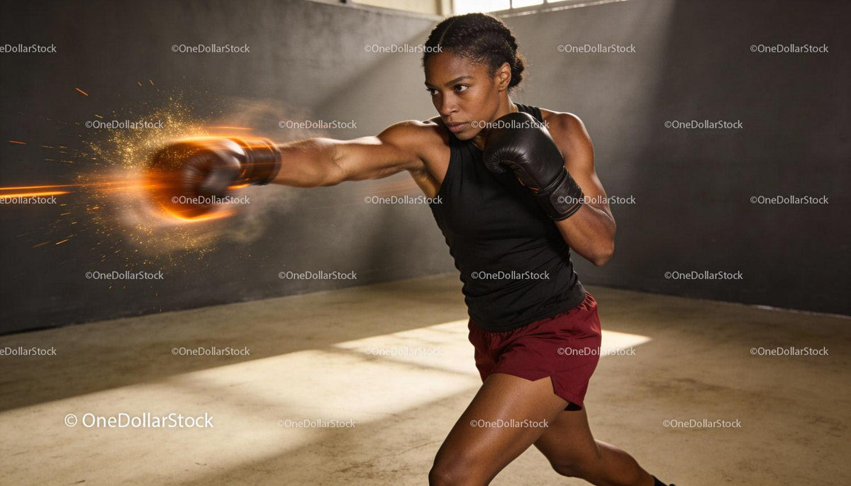 Focused female boxer delivering powerful punch in gym