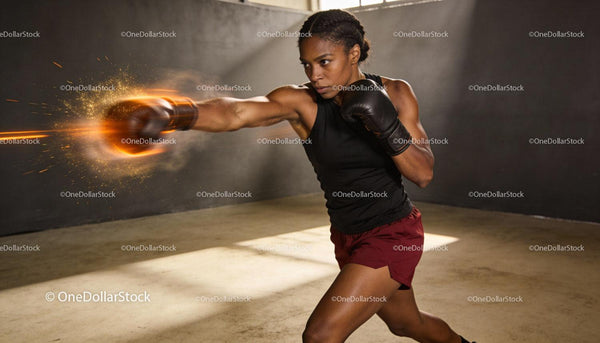 Focused female boxer delivering powerful punch in gym