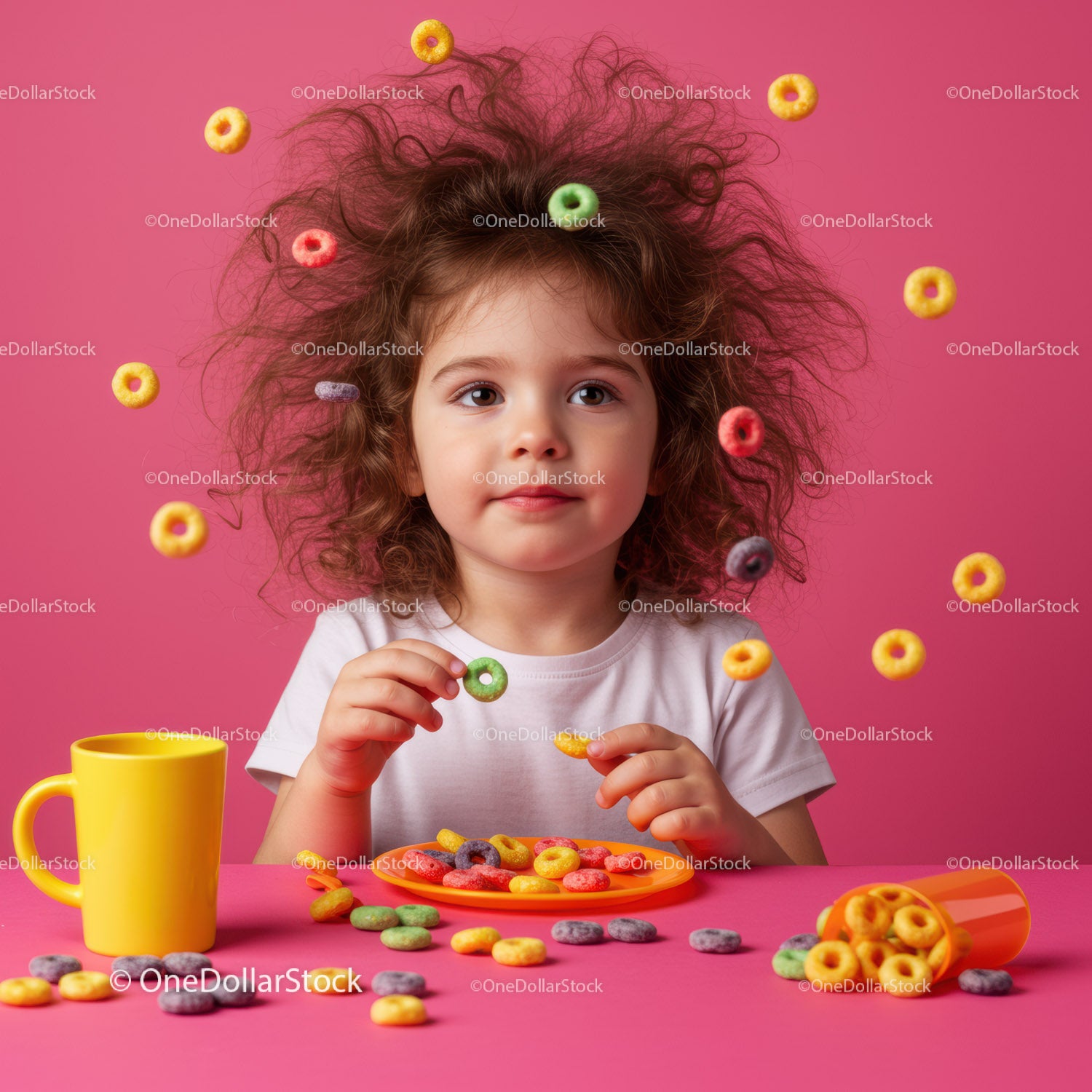 Curly child eating colorful cereal with playful mood