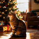 Tabby Cat Bathed in Warm Light by Christmas Tree
