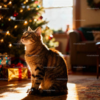 Tabby Cat Bathed in Warm Light by Christmas Tree