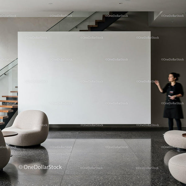 Modern lobby with minimalistic seating and staircase JPG Mockup Image