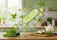 Fresh cucumber and ginger splash with mint in kitchen