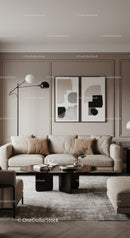 Elegant Neutral Living Room with Modern Decor and Abstract Wall Art