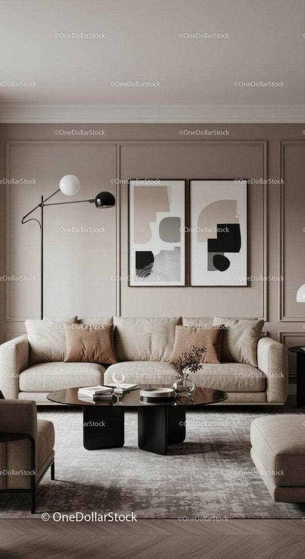 Elegant Neutral Living Room with Modern Decor and Abstract Wall Art