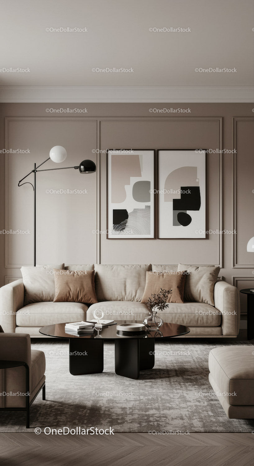 Elegancki, neutralny salon z nowoczesnym wystrojem i abstrakcyjną sztuką ścienną