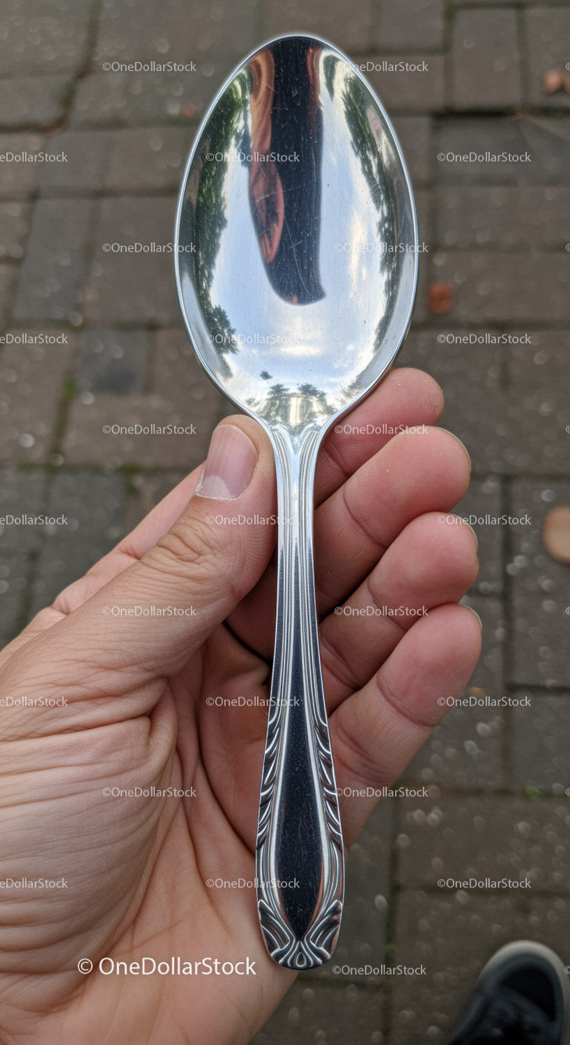 Hand holding silver ornate metal spoon outdoors