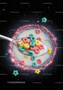 Colorful Cereal Spoon Over Milky Galaxy Background