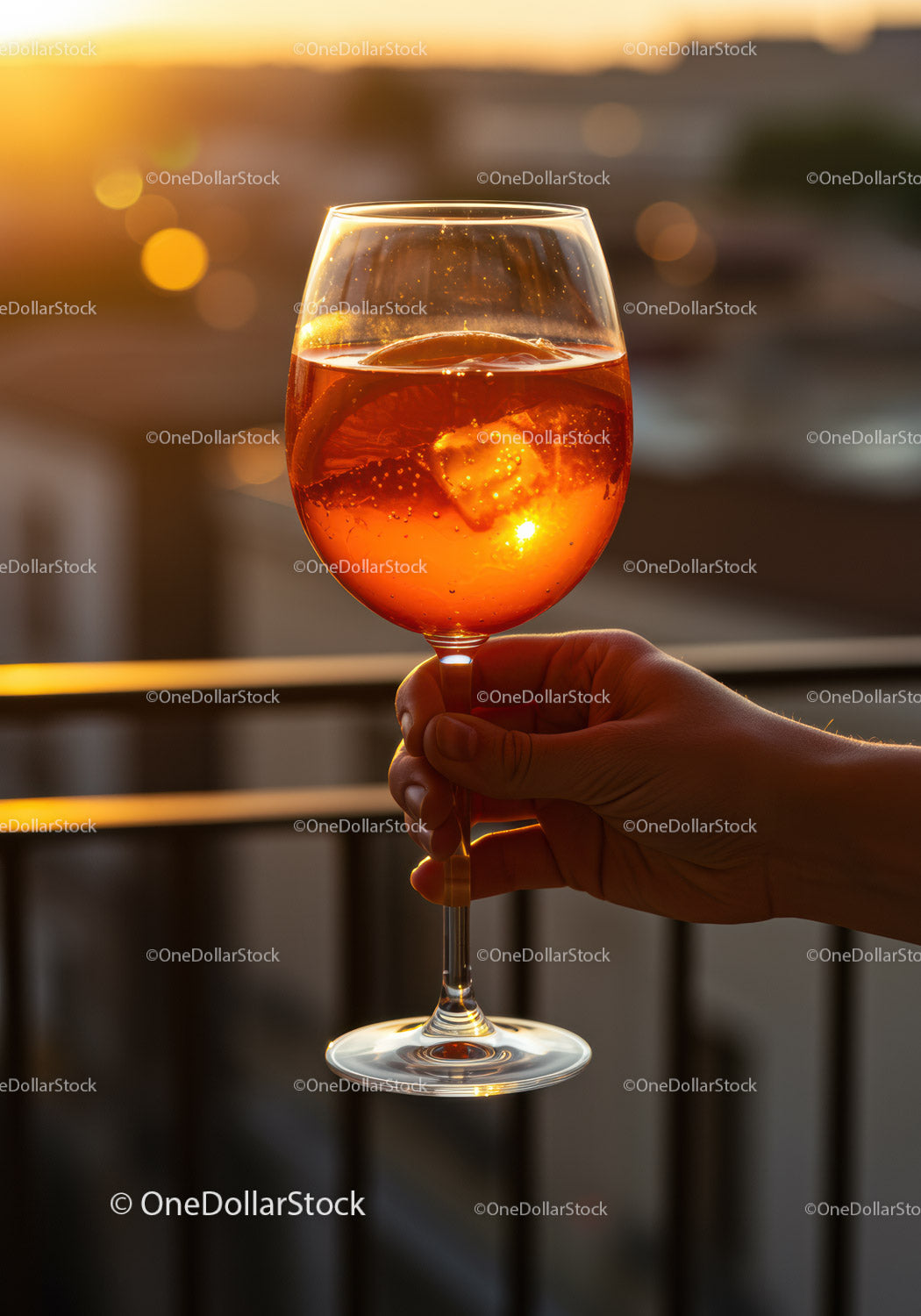 Dłoń trzymająca Aperol Spritz na tle zachodzącego słońca