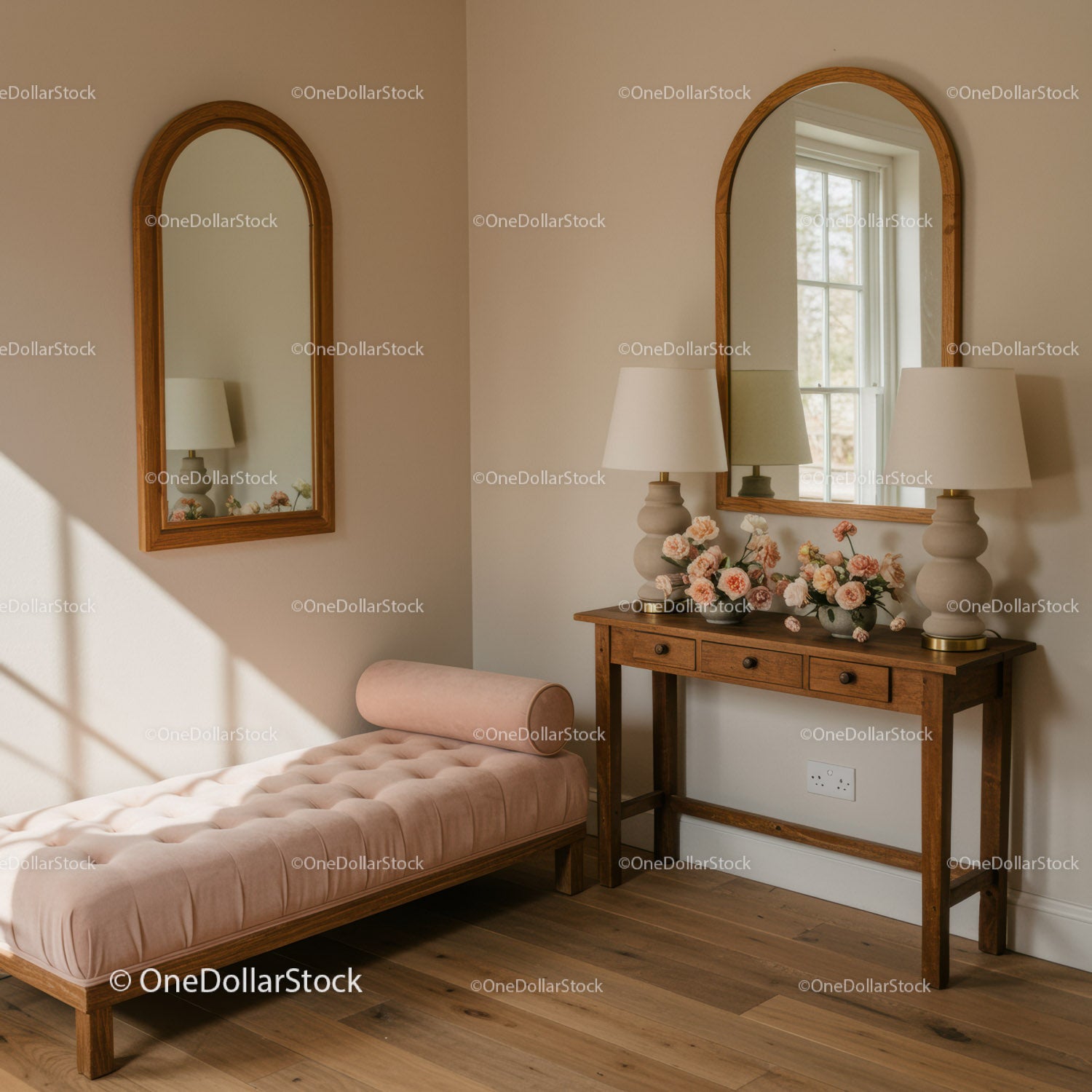 Cozy corner with pink chaise lounge and wooden console