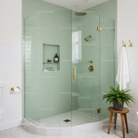 Modern bathroom with glass shower and green tiles
