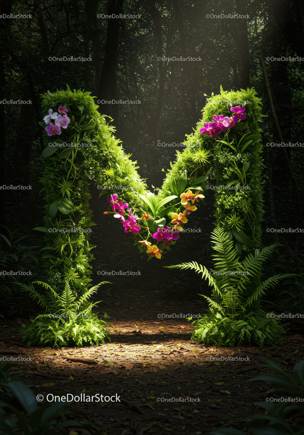 Letter M Shaped Topiary with Orchids in Forest Clearing