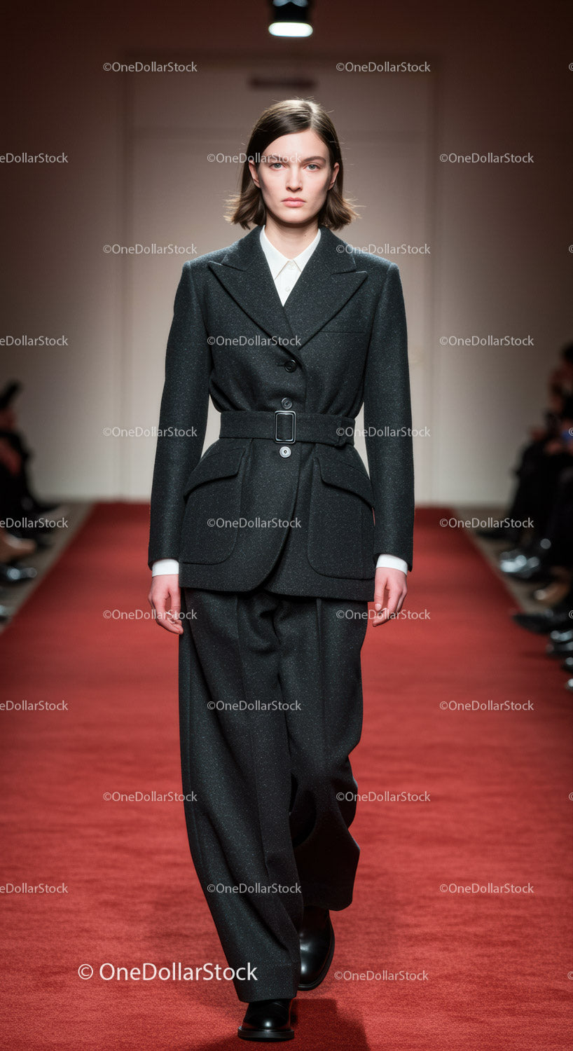 Elegant Female Model Walking on Fashion Runway in Black Suit