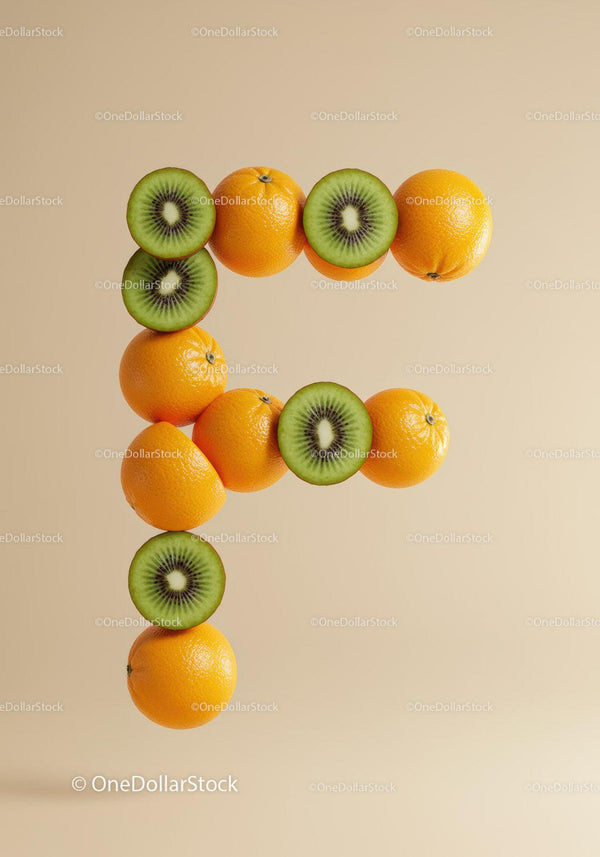 Letter F made of fresh oranges and kiwi slices
