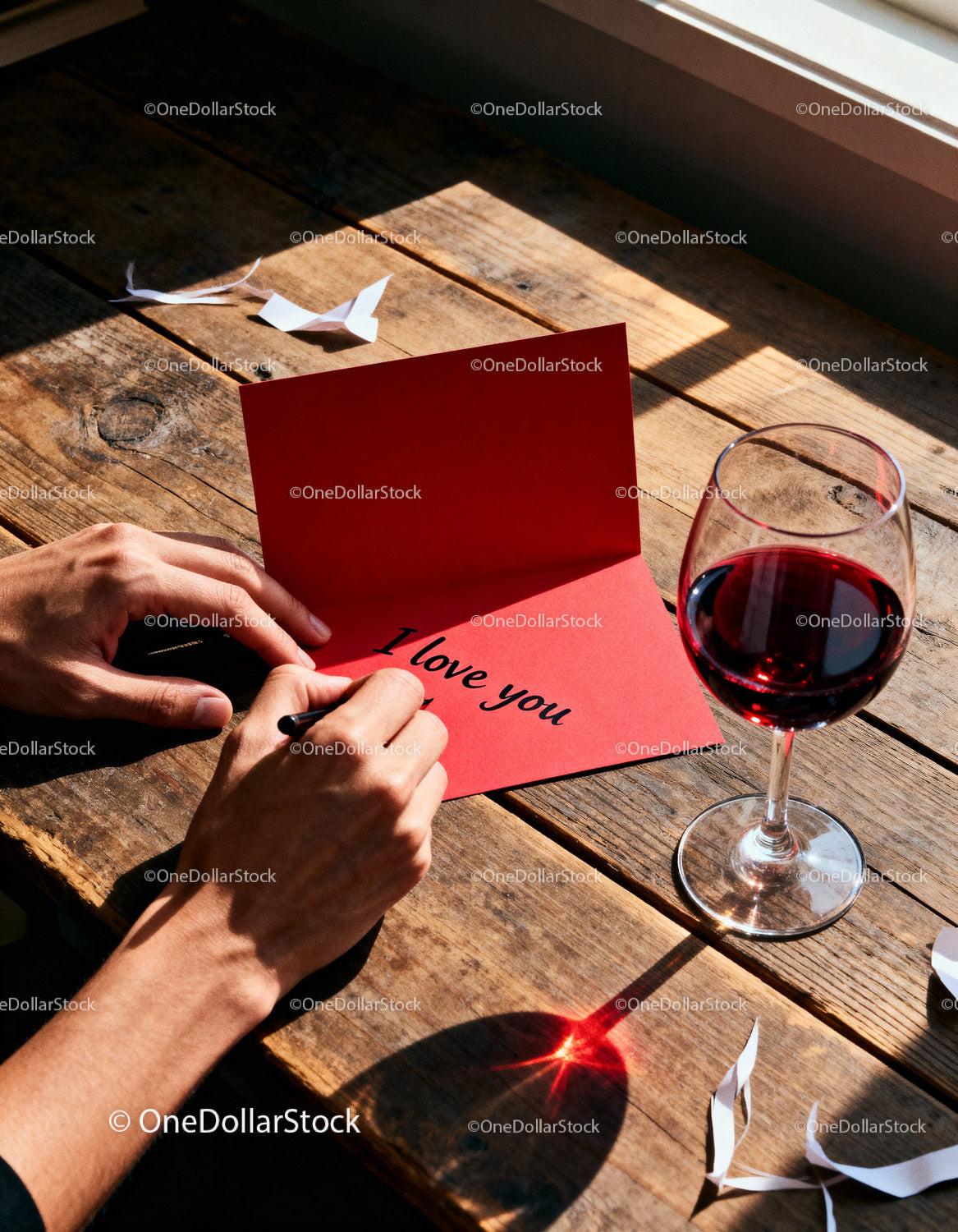 Hands Writing A Loving Valentine Note On Red Card