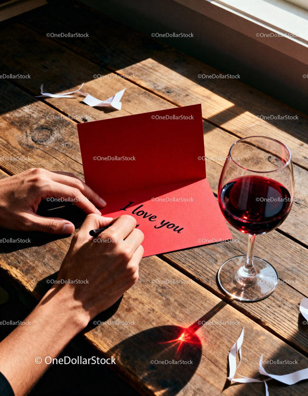Hands Writing A Loving Valentine Note On Red Card