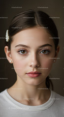 Elegant Young Woman with Brown Hair and Pearl Hair Accessory