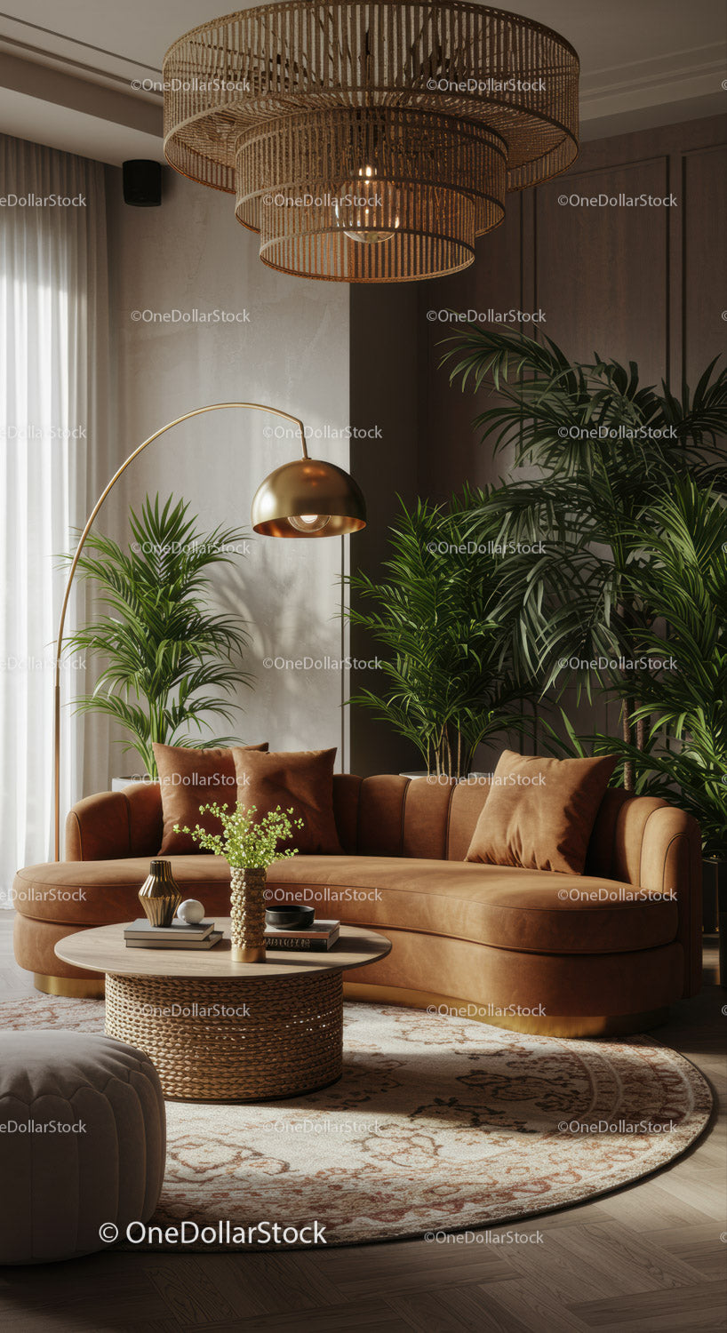 Cozy living room with leather sofa and lush greenery