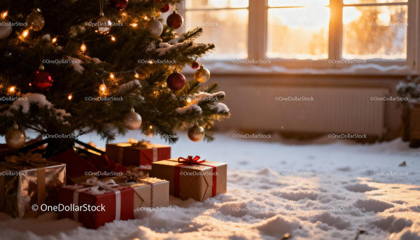 Cozy Christmas tree with gifts on snow inside warm room