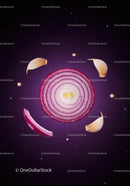 Sliced Red Onion and Garlic Cloves on Dark Background
