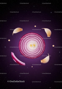 Sliced Red Onion and Garlic Cloves on Dark Background