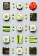 Flat lay of fresh sushi rolls and cucumber slices