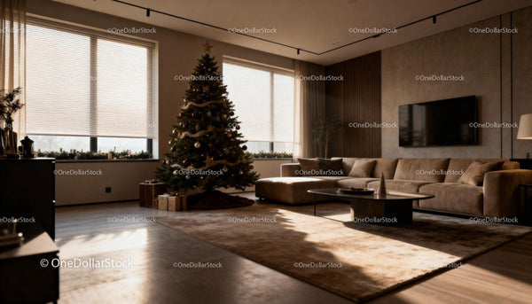 Modern Living Room with Elegant Christmas Tree Decor