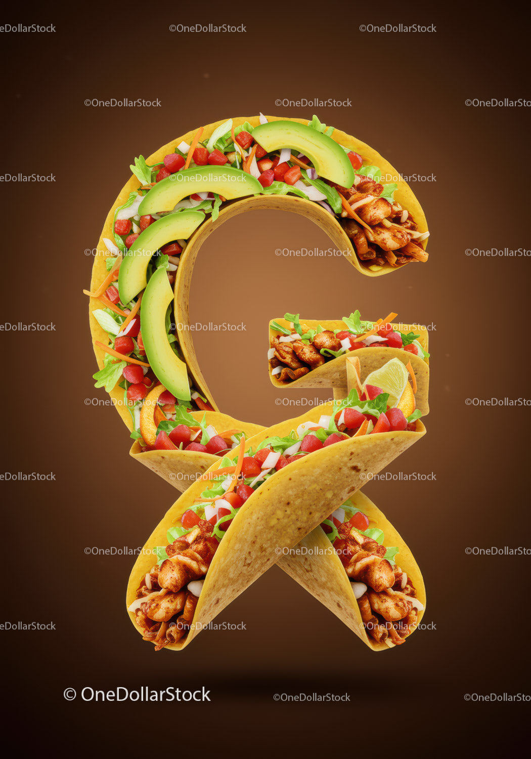 Kreatywne meksykańskie tacos w kształcie litery G na brązowym tle