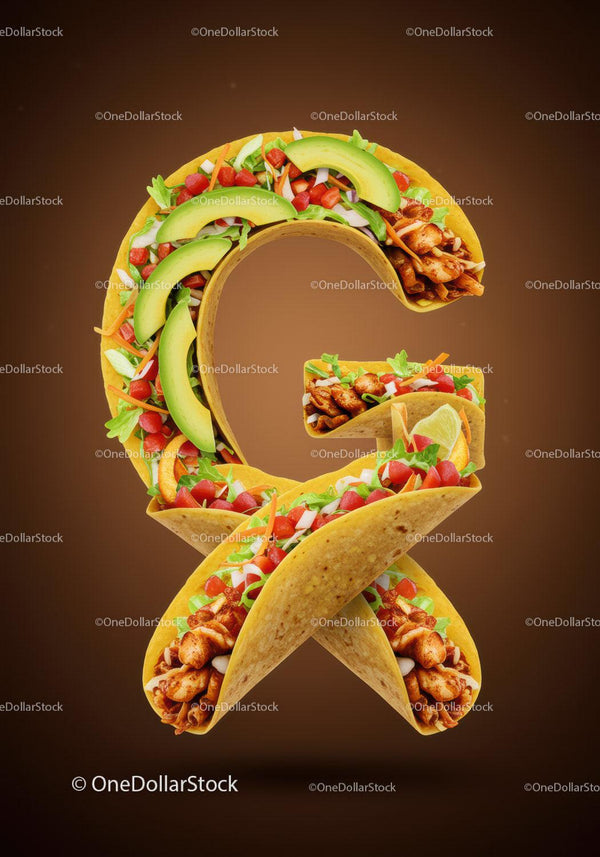 Kreatywne meksykańskie tacos układające literę G na brązowym tle