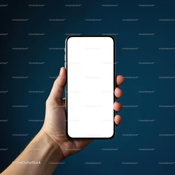 Hand Holding Smartphone with Blank Screen on Dark Background JPG Mockup Image