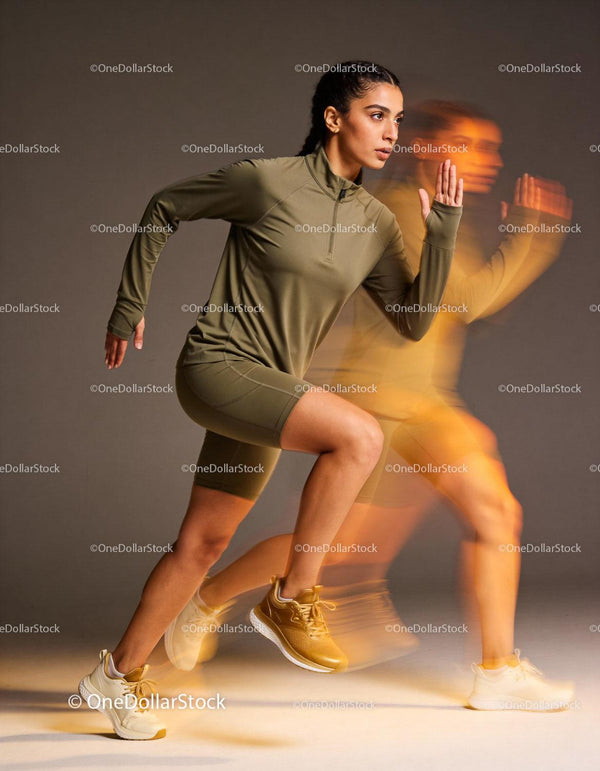 Female athlete sprinting fast in sportswear studio