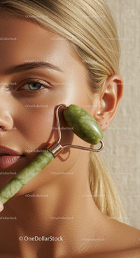 Close-Up of Woman with Jade Roller for Facial Massage and Skin Rejuvenation