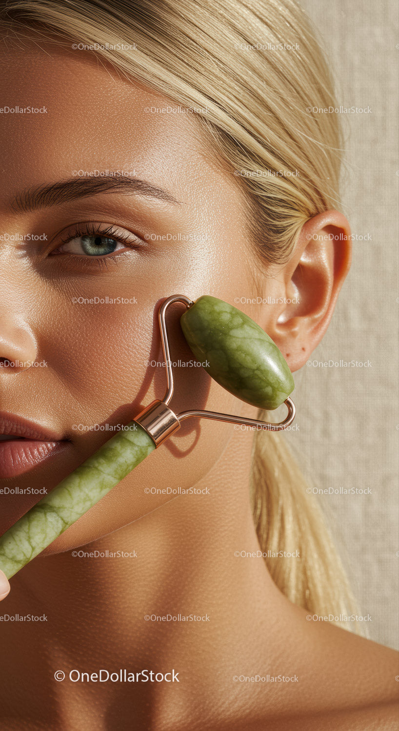 Close-Up of Woman with Jade Roller for Facial Massage and Skin Rejuvenation