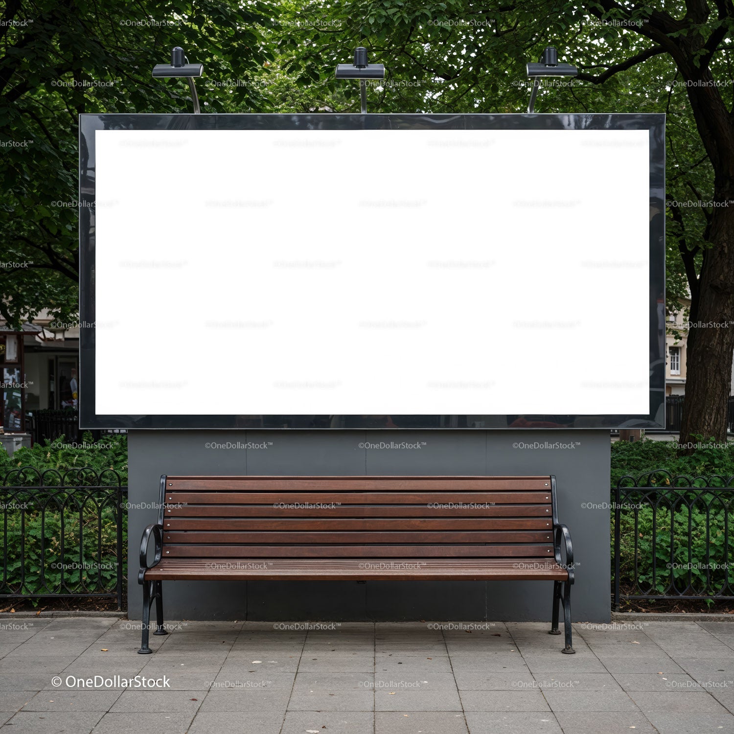 Empty wooden bench beneath blank city billboard