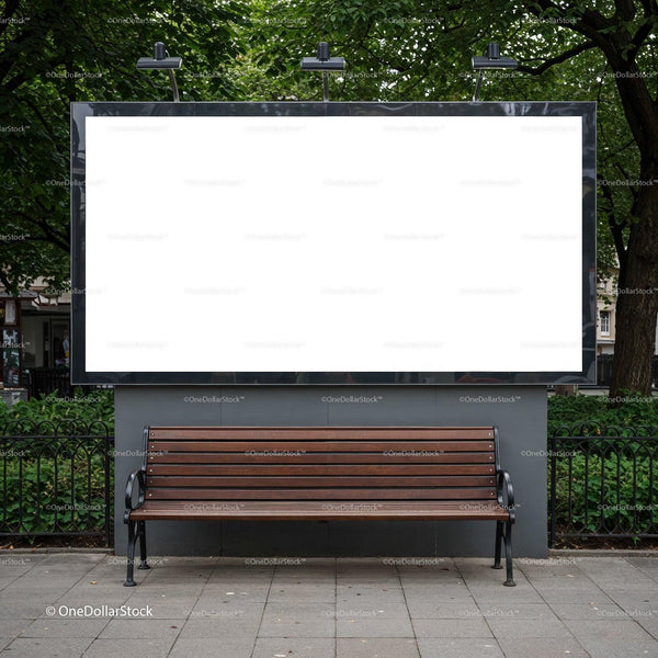 Empty wooden bench beneath blank city billboard JPG Mockup Image