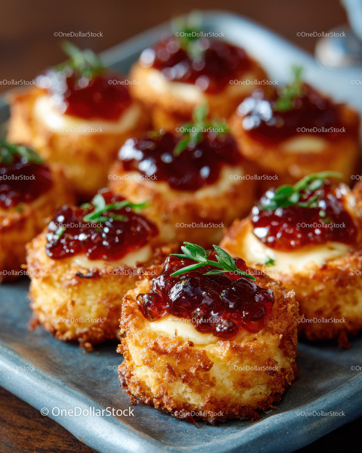 Crispy Croquettes with Berry Jam and Green Herbs on Dark Plate