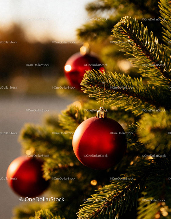Red baubles hanging on green pine branches at sunset