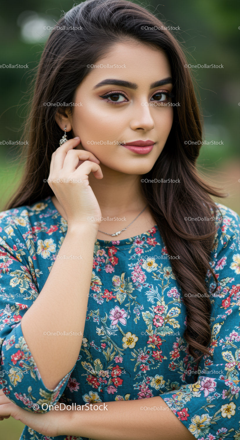 Portrait of Elegant Young Woman in Floral Dress Outdoors